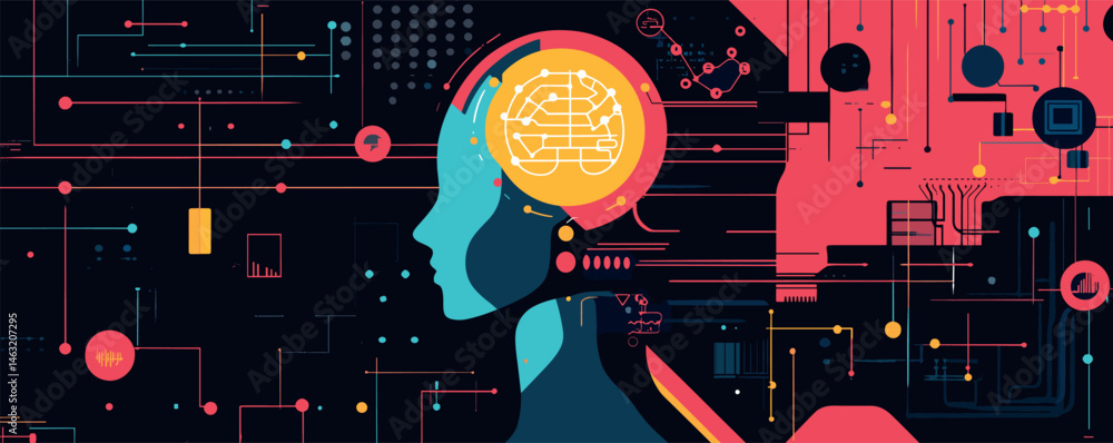 Poster abstract artificial intelligence concept with human silhouette and brain circuit.