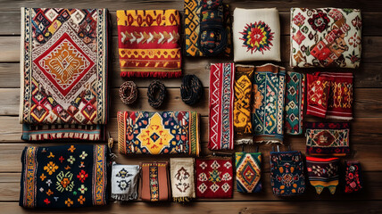 Fototapeta premium Traditional Romanian Embroidery Fabrics Laid Out on a Wooden Table Showcasing Rich Folk Motifs (2)