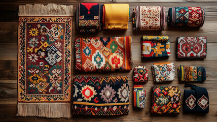 Traditional Romanian Embroidery Fabrics Laid Out on a Wooden Table Showcasing Rich Folk Motifs (4)