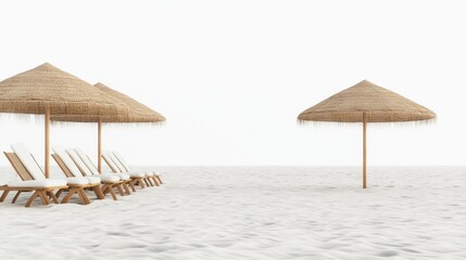 Tranquil Beach Scene with Lounge Chairs and Straw Umbrellas on Sandy Shoreline