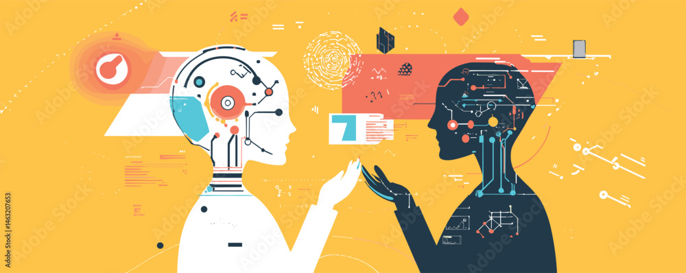 Poster futuristic human-ai interaction with brain circuitry and digital elements on yellow background.