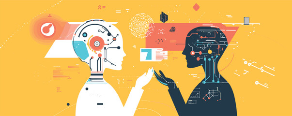 Futuristic human-ai interaction with brain circuitry and digital elements on yellow background.