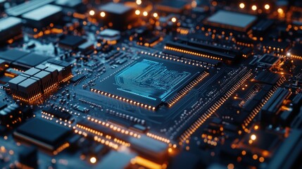 Obraz premium Close-up of a circuit board with glowing components at night