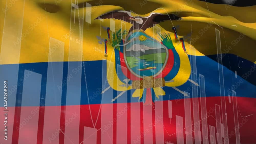 Poster ecuadorian flag waving under translucent financial charts mapping data trends in flat design