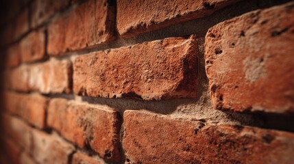 Obraz premium Textured red brick wall with vintage patina, warm light on rough surface 