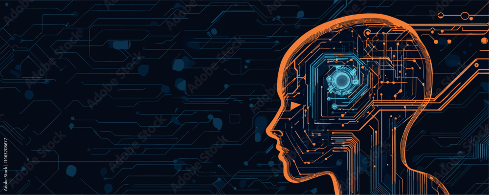 Poster artificial intelligence concept: human profile with digital circuitry and brain interface illustrati