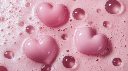 Soft pink bubbles and heart-shaped candies create a dreamy, textured background. A delicate and playful aesthetic