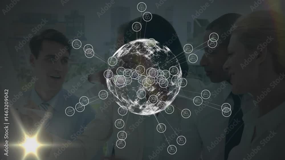 Aufkleber business team collaborating in office, viewing digital globe with user-icon nodes and flipchart