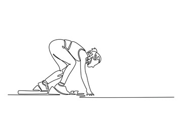 Continuous one line drawing female runner using a starting block to start run on running track in stadium. Woman athlete practicing speed running marathon. Single line draw design vector illustration