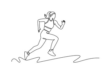 Continuous one line drawing beauty female athlete sprint on running track outdoor on stadium. Fitness exercise woman runner cardio workout routine for race. Single line draw design vector illustration