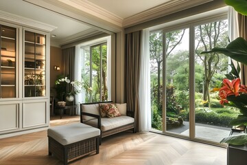 Elegant Interior Design of a Cozy Room with Garden View and Serene Atmosphere