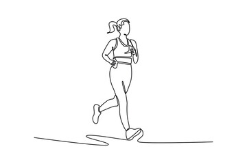 Continuous one line drawing active female runner jog sport marathon. Woman athlete run long distance. Fast run race slow motion. Active fit track. Single line draw design vector graphic illustration