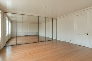 Empty Room with Mirrored Closet Doors and Wooden Flooring in Minimalist Interior Design