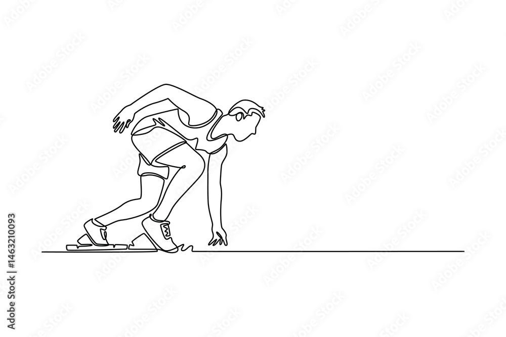 Poster single continuous line drawing runner using starting block to start his run on running track in stad