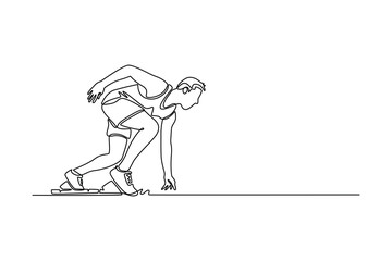 Single continuous line drawing runner using starting block to start his run on running track in stadium. Athlete starting his sprint on running track. One line draw graphic design vector illustration