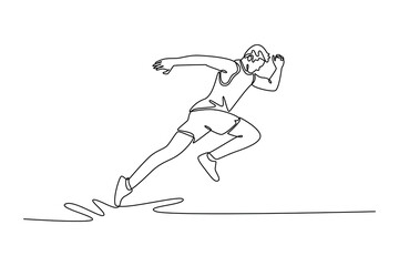 Fototapeta premium Single one line drawing active male athlete starting his sprint on running track. Speed and endurance. Concept of sport, marathon, competition. Continuous line draw design graphic vector illustration