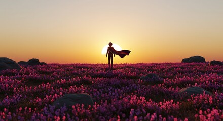 Silhouette of a superhero at sunset over a field of vibrant flowers.