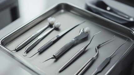 Professional dental tools are arranged on a metallic medical tray
