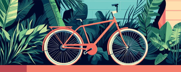Fototapeta premium Vibrant red bicycle surrounded by lush greenery in a tropical urban garden setting.