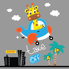 Giraffe flying an airplane with 