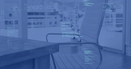 Office meeting area being visualized with floating code snippets and metal-frame chair in 3D render - Powered by Adobe