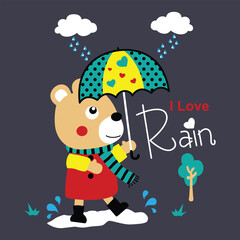 Bear with umbrella walking in the rain with a cheerful expression and colorful design, playful and heartwarming illustration for children.
