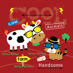 Cool cow and cat wearing sunglasses in a farm setting with playful design for children's fun animal illustration.
