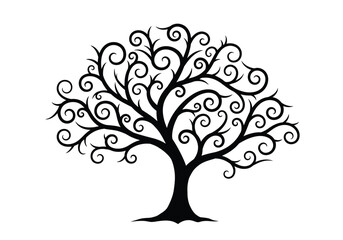 Curly tree silhouette. This image presents a black silhouette of a curly tree with swirling branches and detailed foliage, forming a decorative and artistic design. Vector clipart illustration design.