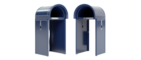 Two classic blue mailboxes for postal service.