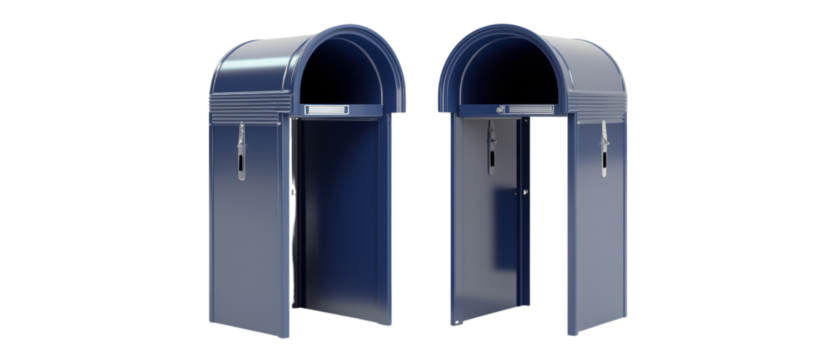 Two classic blue mailboxes for postal service.