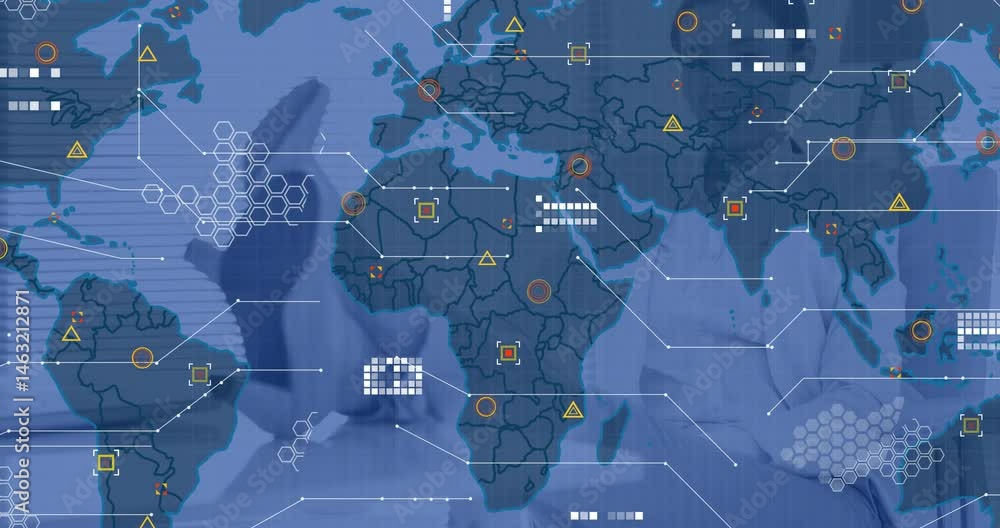 Poster scientist standing with folded arms in technology dashboard, with animated hex grid and data icons