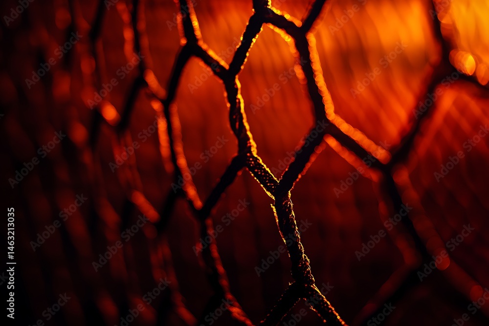 Poster dark mesh netting texture glowing with orange, abstract pattern closeup