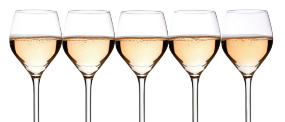 Row of elegant wine glasses with white wine.