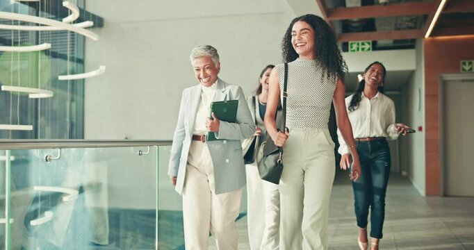 Business, people and walking with joke in lobby for travel, conference and corporate journey. Women, laugh and management for tradeshow, professional convention and keynote speaker for seminar trip