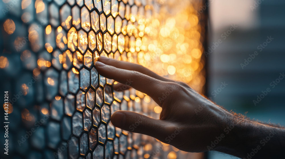 Poster hand gently touches backlit stained glass panel, creating warm glow through hexagonal patterns