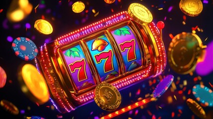 Colorful slot machine with spinning reels and coins falling (1)