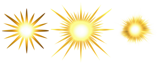 Set of bright golden sunburst graphic designs.