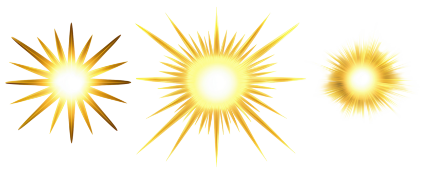 Set of bright golden sunburst graphic designs.