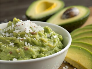 Guacamole close-up with coarse sea salt and sliced avocado in background, editorial food detail
