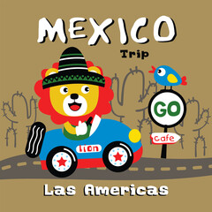 Lion in a car wearing a sombrero driving through Mexico with vibrant design and playful elements. Travel theme for children's illustration.
