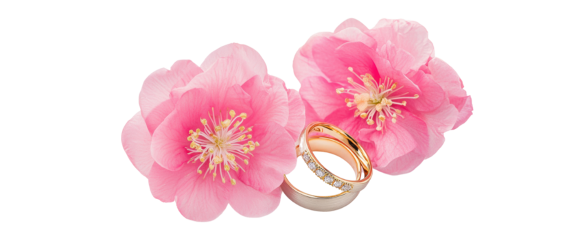 Romantic pink flowers and wedding rings display.