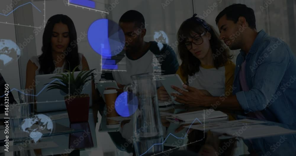 Poster technology professionals collaborating around glass table, overlaying blue charts and code snippets