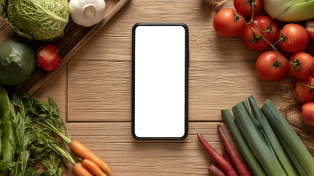 Mobile Phone with Blank Screen Surrounded by Fresh Fruits and Vegetables on Wooden Table