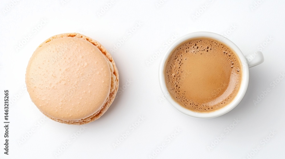 Poster a macaron and a cup of coffee sit side by side on a white background, creating a simple and elegant 