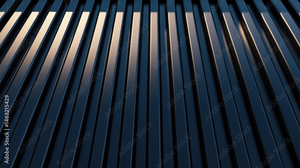 Poster abstract view of evenly spaced vertical metal panels with light reflections creating a modern, indus