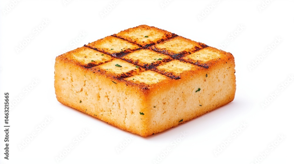 Poster a perfectly grilled, square block of garlic bread with a checkered pattern on a white background.