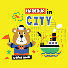 Obraz premium Sailor bear in a harbor city scene with ship, stars, and vibrant design elements. Cartoon animal character concept 