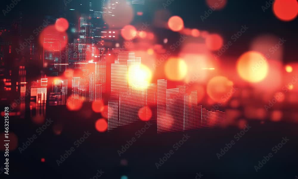 Poster close-up of a red stock market graph on a digital display, showing a falling trend line with a large
