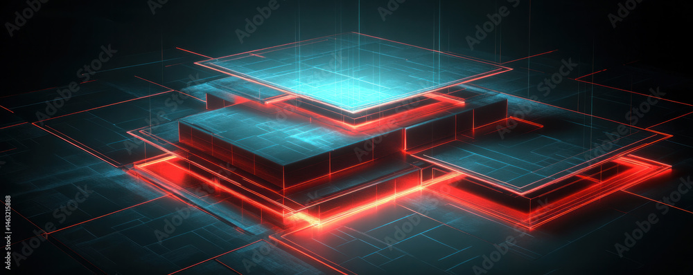 Poster a computer generated image of a blue and red cube. the cube is made up of many smaller cubes, and th