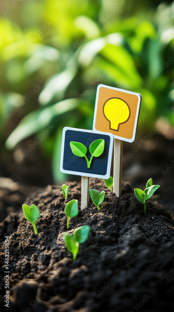 Poster two signs with a light bulb on one and a leaf on the other. the sign with the leaf is on the left an